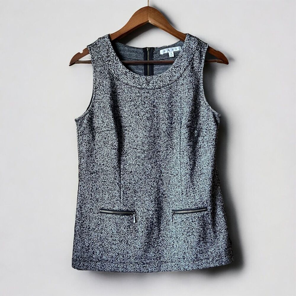 CAbi Cece Shell Sleeveless Tweed Knit Herringbone Top Black White 993 Size Small